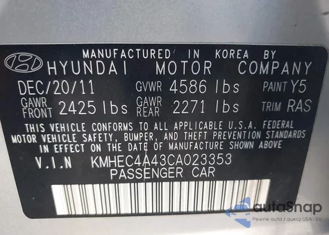 2012 Hyundai Sonata Hybrid z USA, uszkodzony, nr VIN KMHEC4A43CA023353